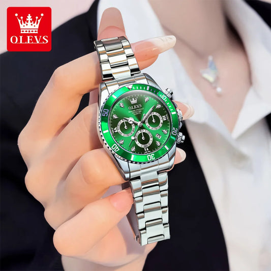 OLEVS Original Brand Women's Watches Classic Three Eyed Dial Date Luminous Chronograph Stainless Steel Waterproof Quartz Watch