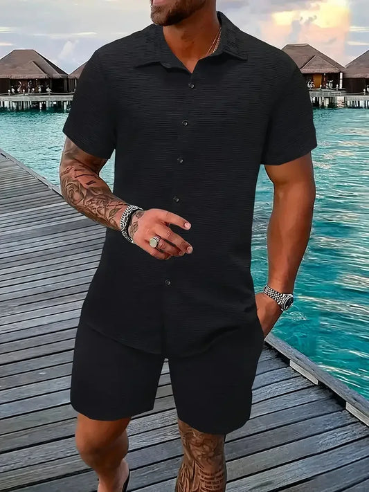 2025 Summer simple loose jacquard solid color suit short-sleeved men's vacation casual style shirt and shorts two-piece set